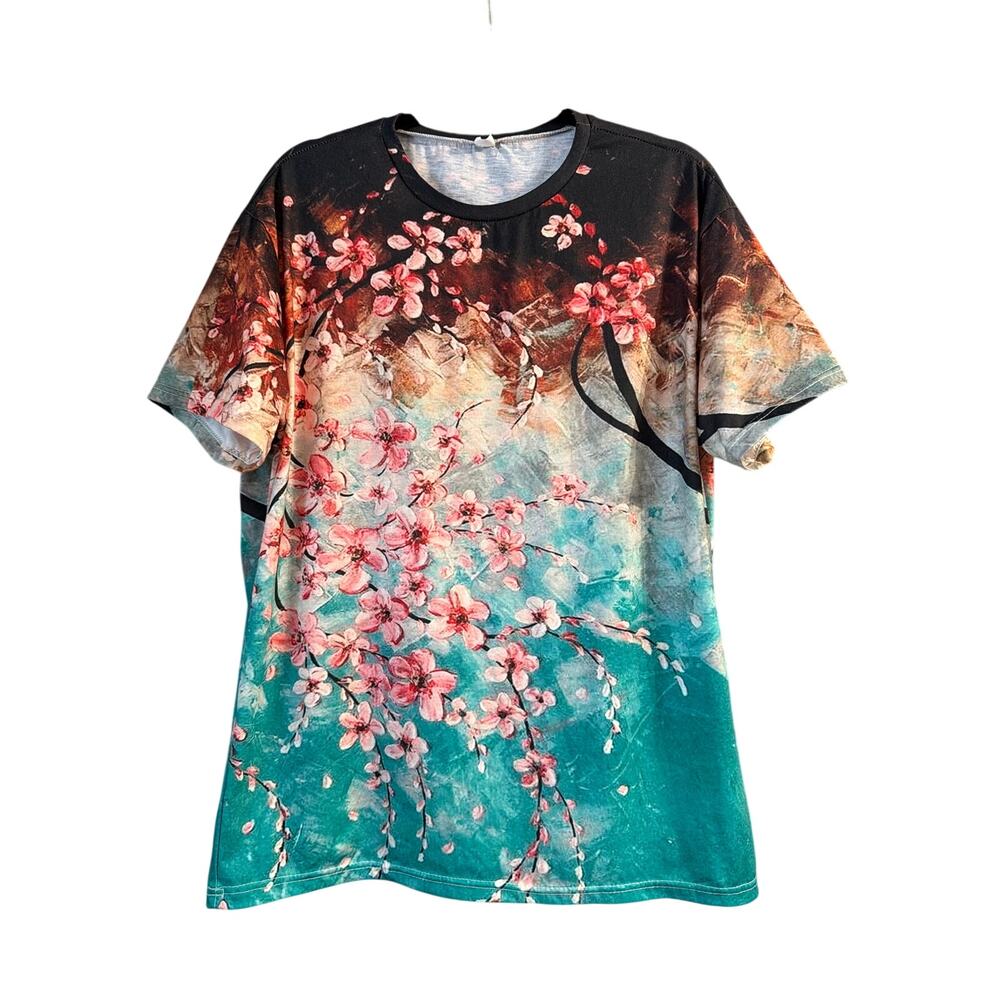 Women's Plus Size Blue White & Pink All Over Floral Pattern T-Shirt Size 3XL